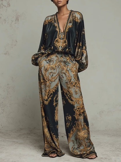 Elegant Black Baroque Print Wide Leg Set for Women with V Neck Balloon Sleeve Two Piece Style