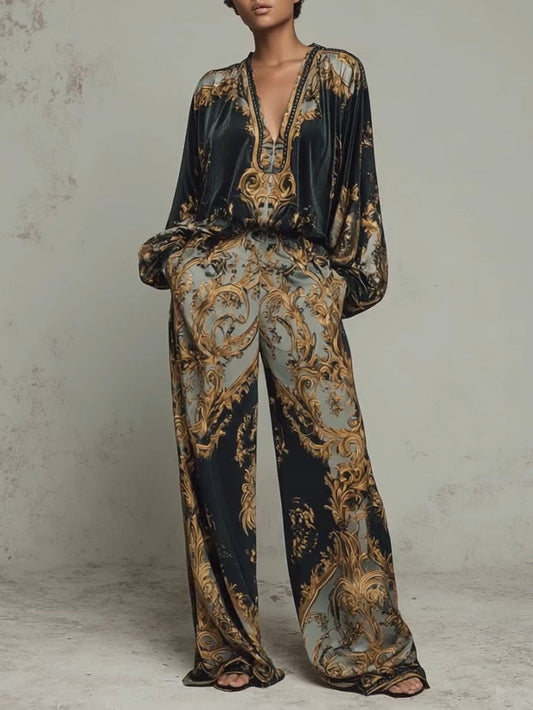 Elegant Black Baroque Print Wide Leg Set for Women with V Neck Balloon Sleeve Two Piece Style