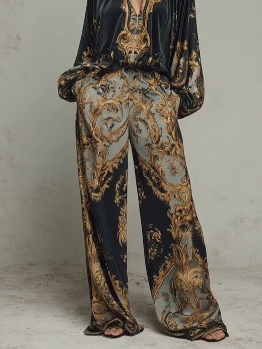 Elegant Black Baroque Print Wide Leg Set for Women with V Neck Balloon Sleeve Two Piece Style