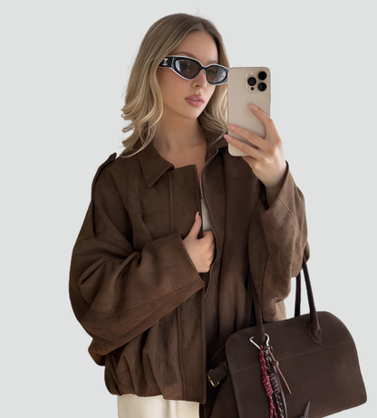 Women's Oversized Suede Zip Bomber Jacket