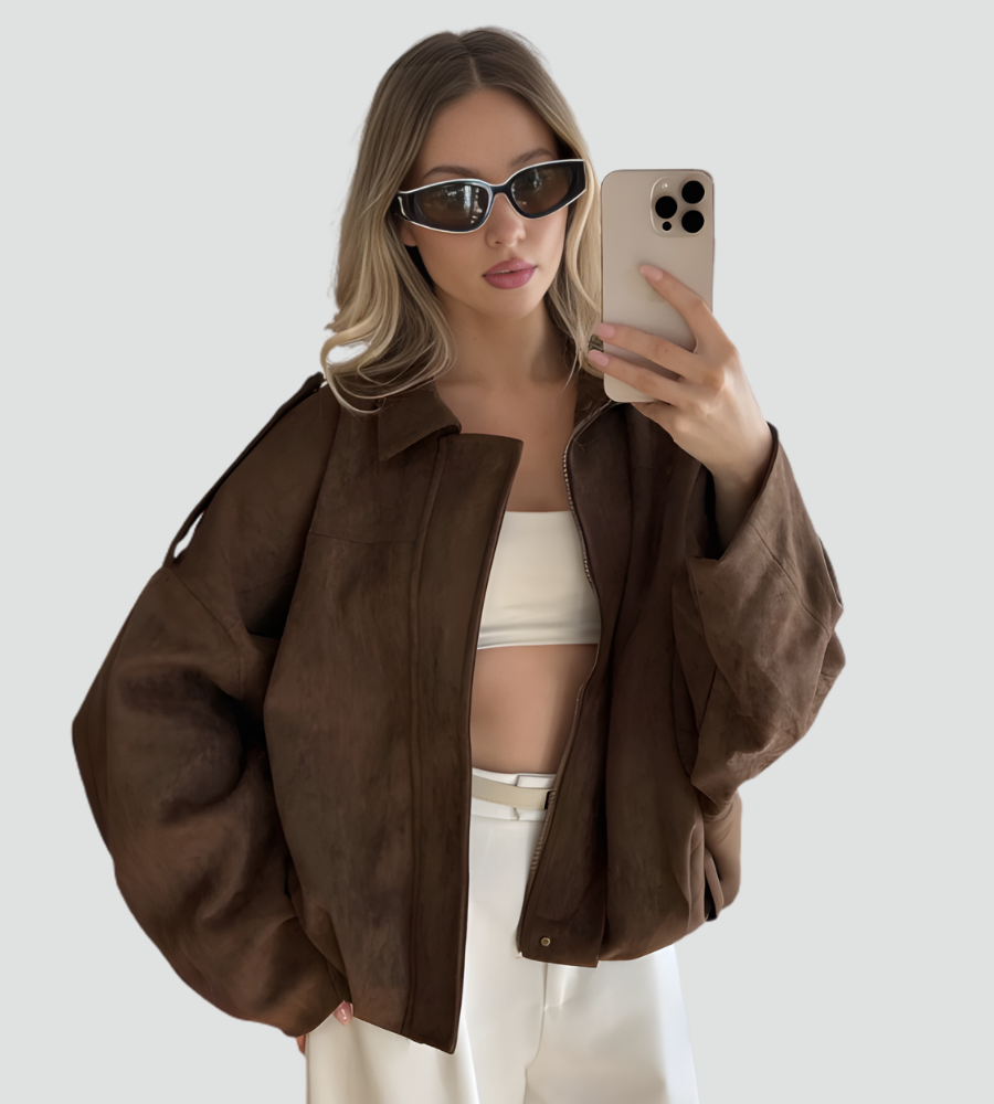 Women's Oversized Suede Zip Bomber Jacket