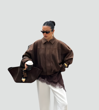 Women's Oversized Suede Zip Bomber Jacket