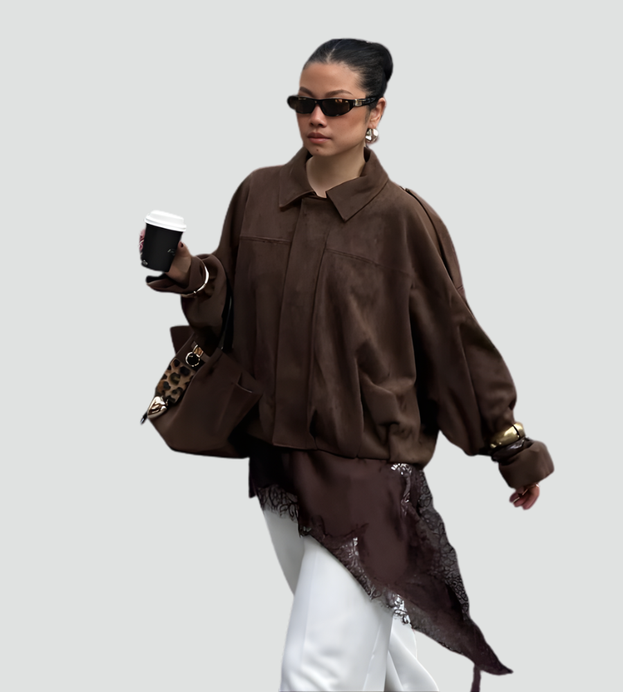 Women's Oversized Suede Zip Bomber Jacket