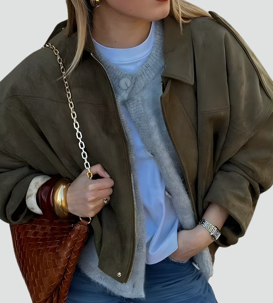 Women's Oversized Suede Zip Bomber Jacket