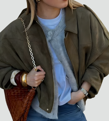 Women's Oversized Suede Zip Bomber Jacket