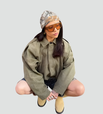 Women's Oversized Suede Zip Bomber Jacket