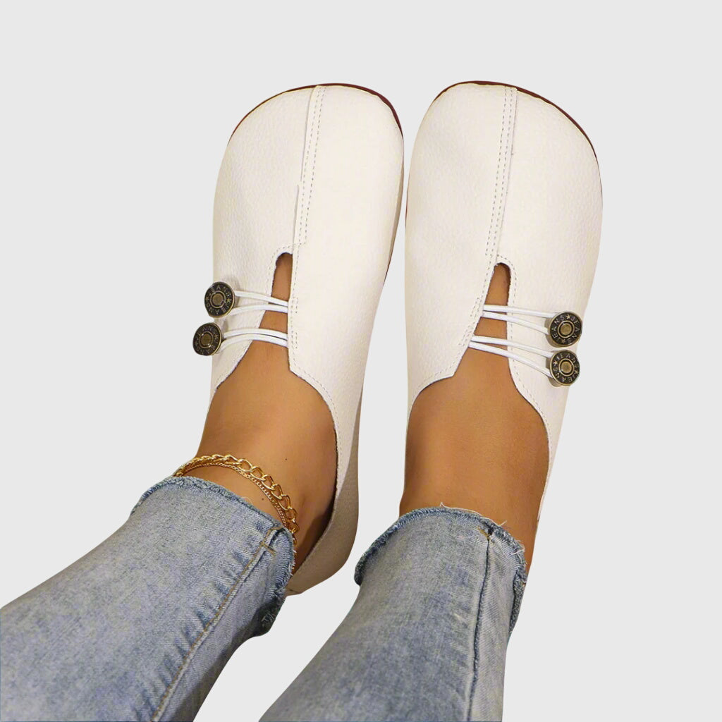 Effortless Distressed Leather Flat Loafer for Women with V Cut Vamp Elastic Strap Button Detail Casual Style