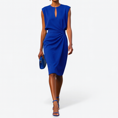 Elegant Keyhole Midi Dress for Women with Round Neck Cap Sleeve Ruched Wrap Cocktail Style
