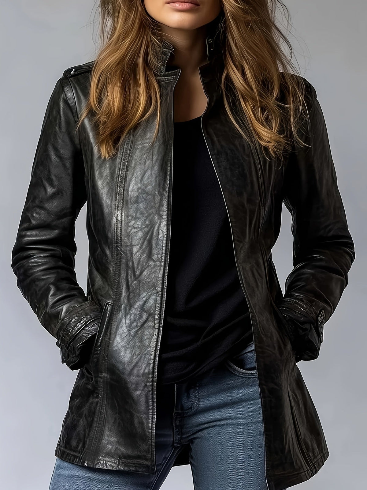 Stylish Black Faux Leather Jacket for Women with Stand Collar Zip Front Fitted Daily Style