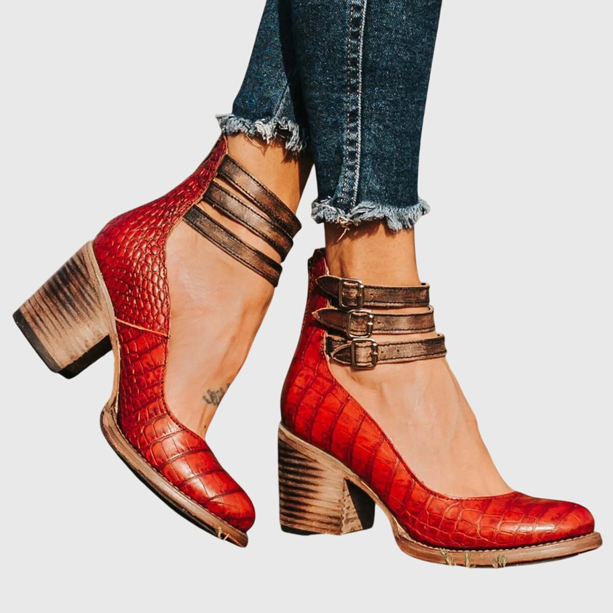 Stylish Snake Print Ankle Strap Heels for Women with Buckle Block Heel Vintage Style