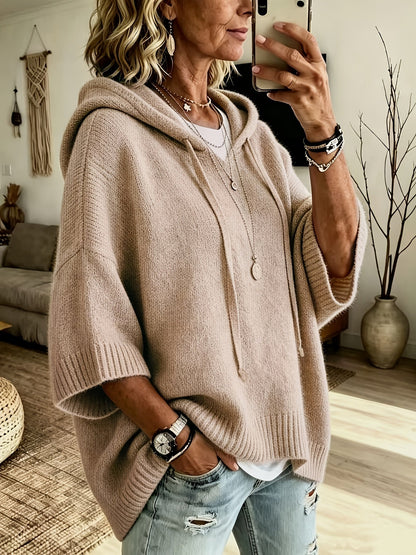 Easy Knit Oversized Hoodie for Women with Hooded Neck Half Sleeve Batwing Easy Style