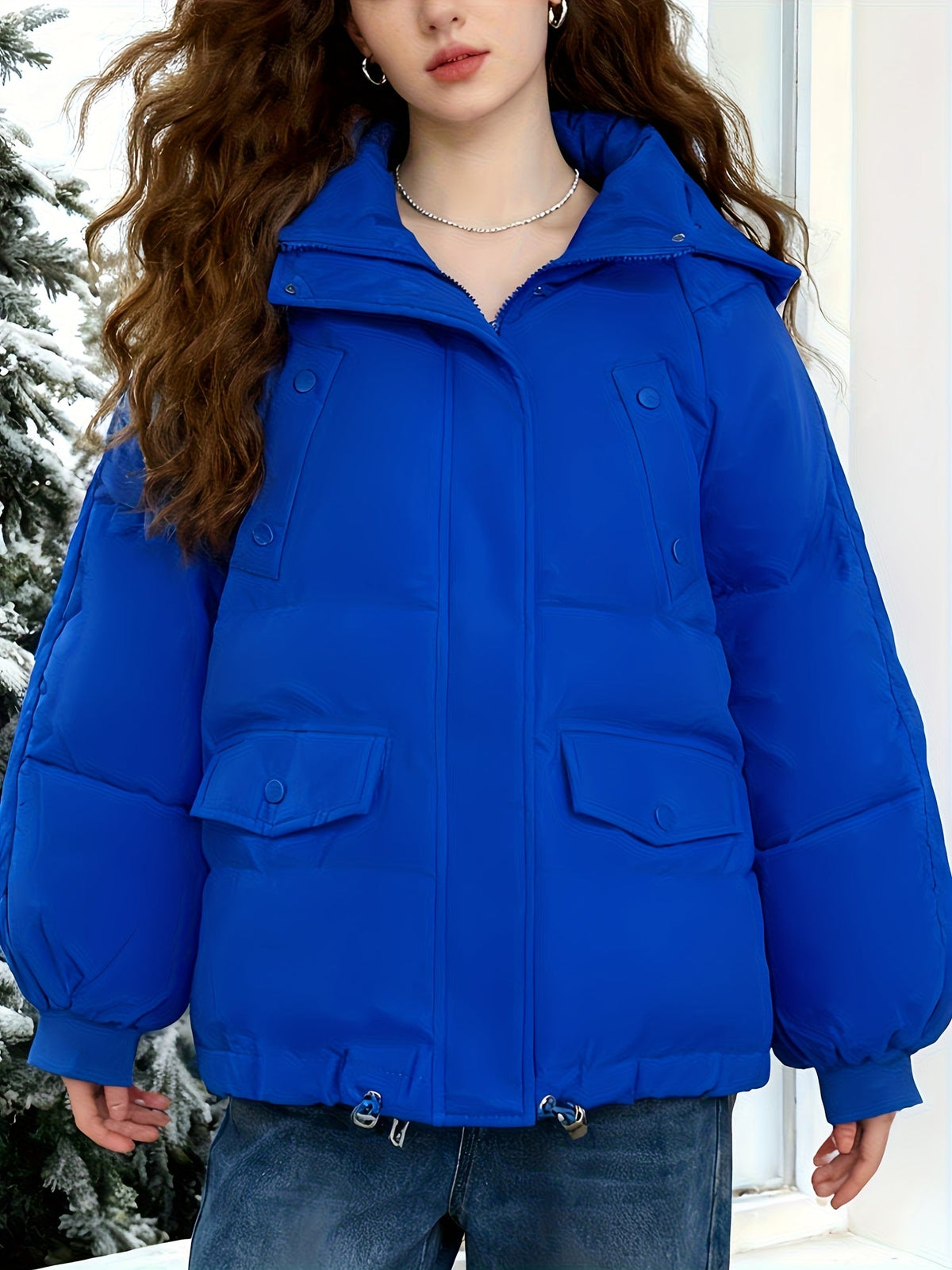 Warm Blue Puffer Ski Jacket for Women with Hooded Long Sleeve Oversized Flap Pocket Daily Style