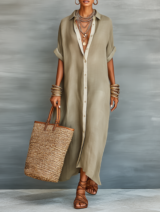 Effortless Linen Maxi Shirt Dress for Women with Collar Short Sleeve Button Front Relaxed Flowing Style