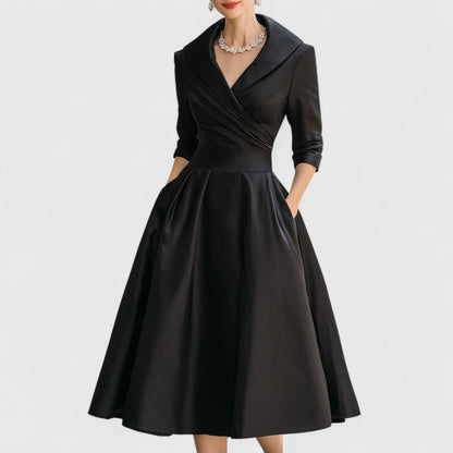 Elegant Satin Midi Dress for Women with Shawl Collar Wrap Front Elbow Sleeve Pleated Flowing Style