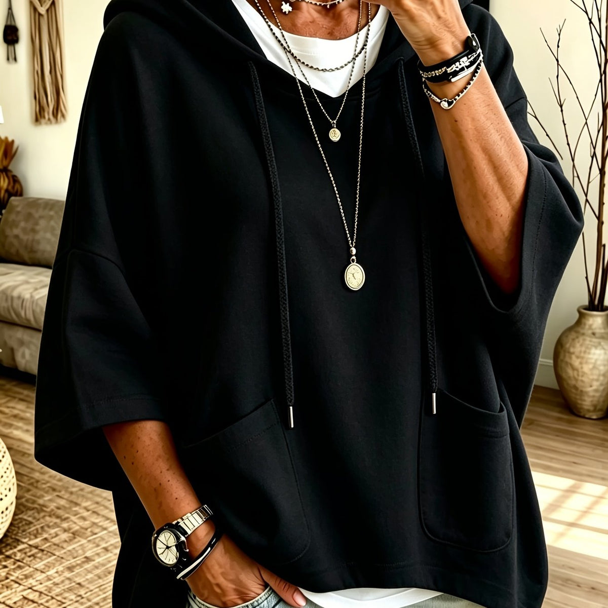 Easy Fleece Oversized Hoodie for Women with Drawstring Hood Batwing Sleeve Kangaroo Pocket Easy Style