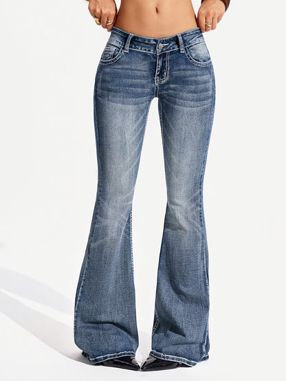Stylish Blue Bell Bottom Jeans for Women with Low Rise Whisker Wash Flared Relaxed Style