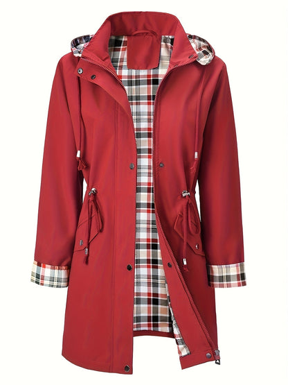 Chic Red Hooded Rainwear Jacket for Women with Plaid Lining Drawstring Waist Front Zip All Weather Style