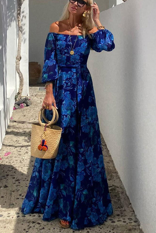 Effortless Blue Floral Maxi Dress for Women with Off Shoulder Bell Sleeve Flowing Bohemian Style