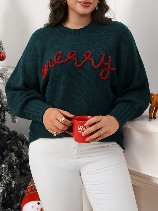 Warm Green Merry Letter Christmas Tacky Sweater for Women with Round Neck Long Sleeve Knit Pullover Festive Style