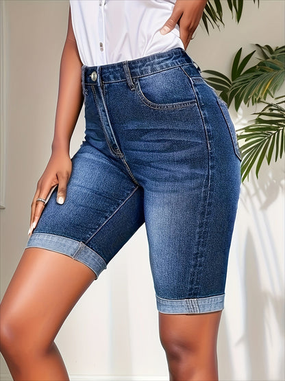 Effortless Blue Denim Bermuda Shorts for Women with High Waist Cuffed Hem Relaxed Style