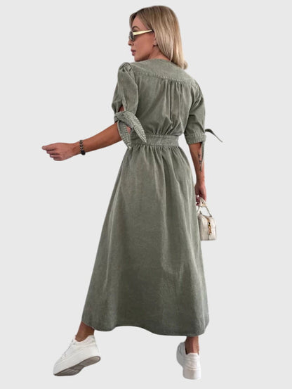 Effortless Denim Maxi Dress for Women with V Neck Elbow Sleeve Button Front Flowing Casual Style