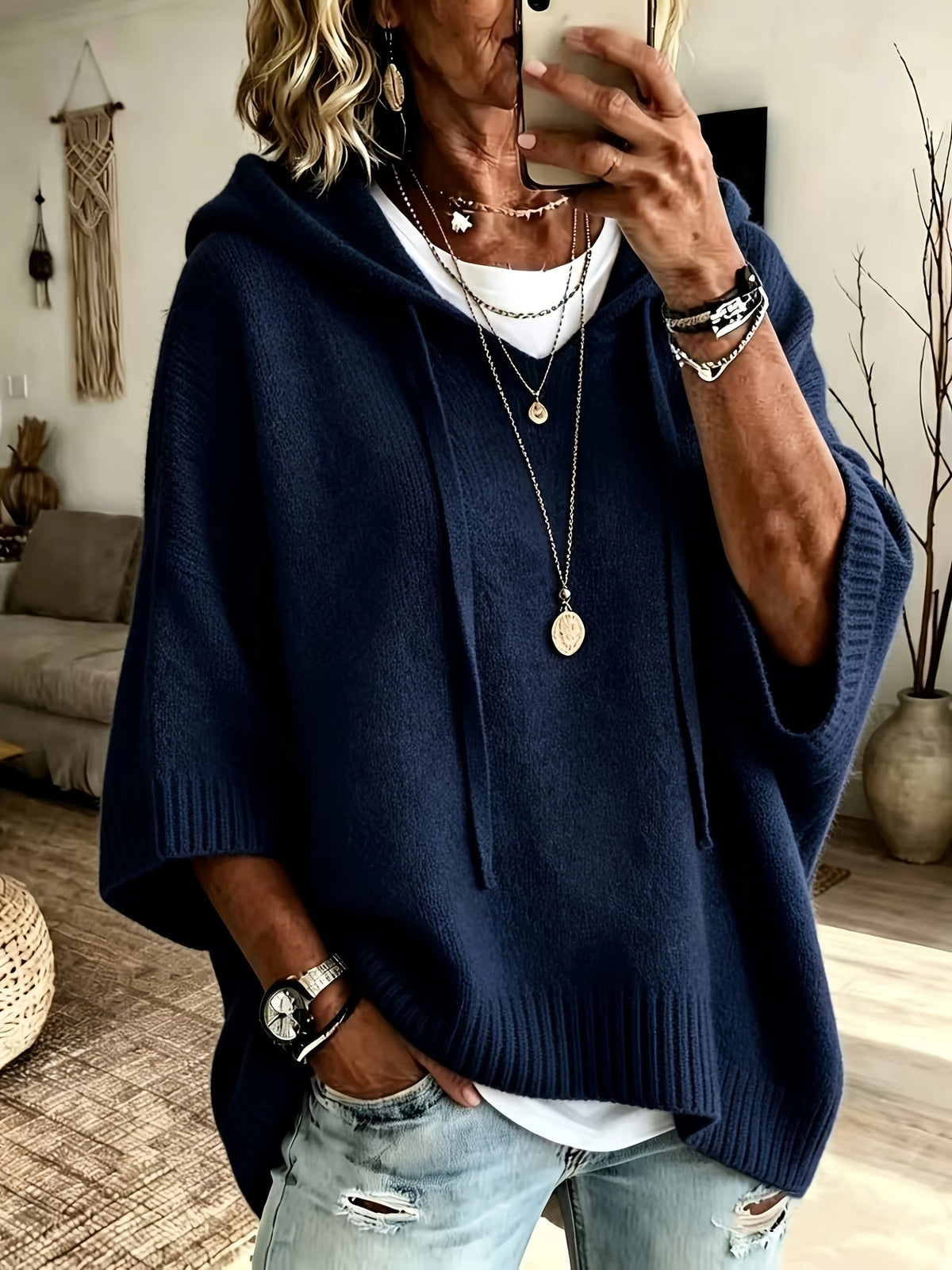 Easy Knit Oversized Hoodie for Women with Hooded Neck Half Sleeve Batwing Easy Style