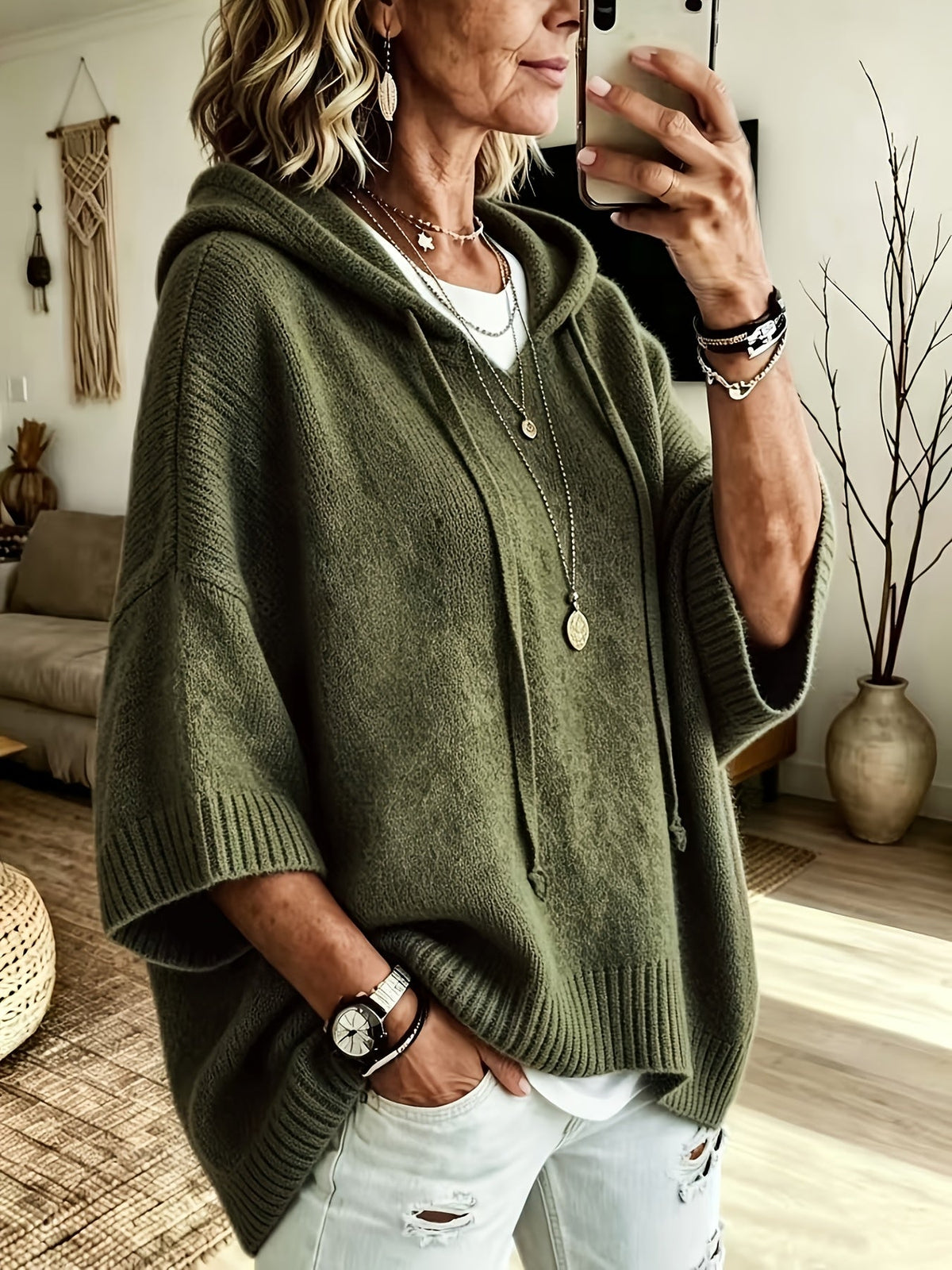 Easy Knit Oversized Hoodie for Women with Hooded Neck Half Sleeve Batwing Easy Style
