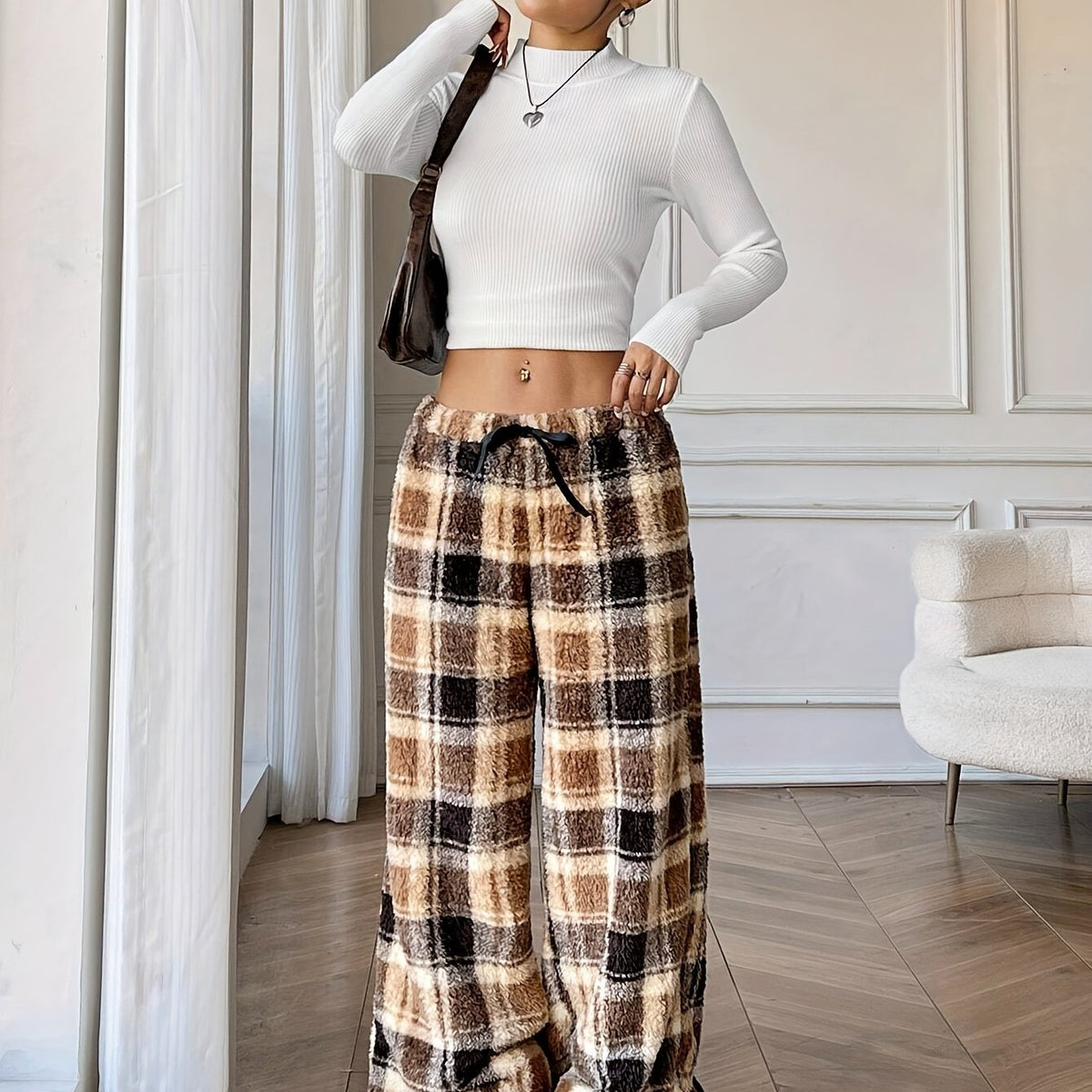Cozy Plaid Fleece Sweatpants for Women with Elastic Drawstring Wide Leg Plush Loungewear Style