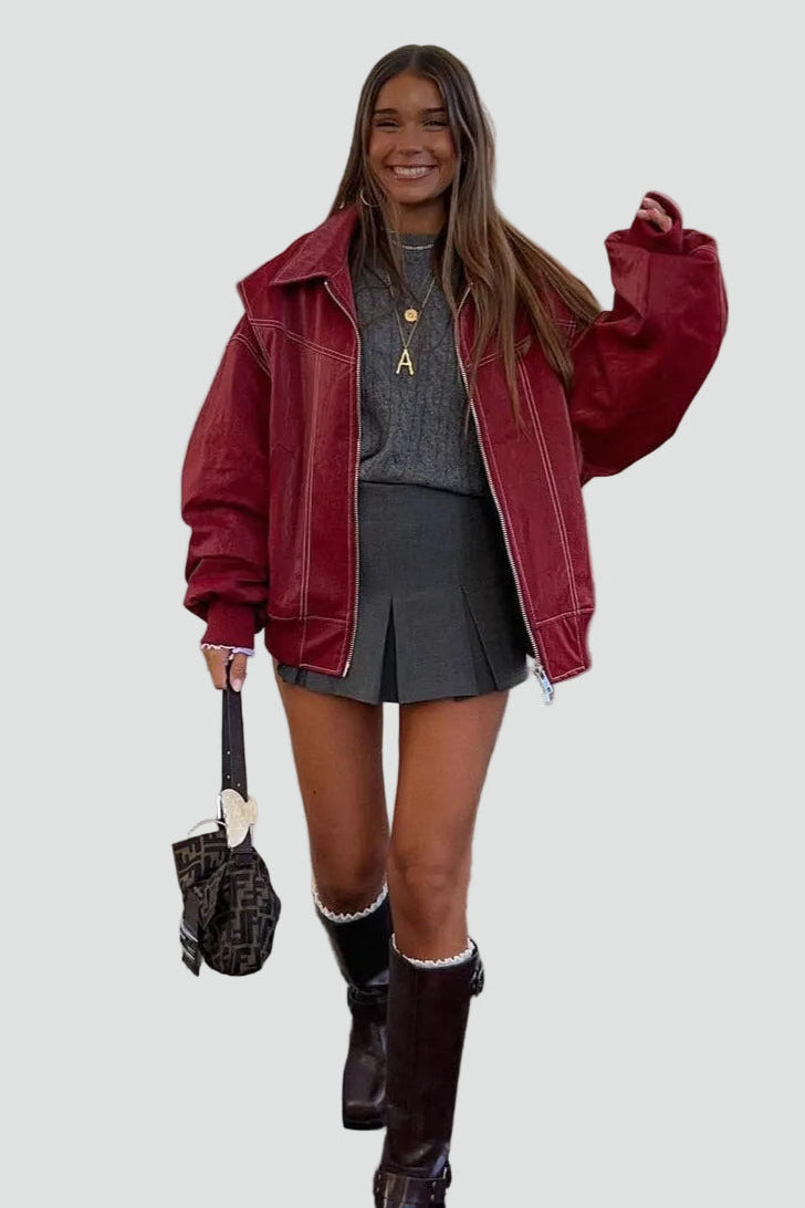 Women's Oversized Zip Front Pockets Bomber Jacket