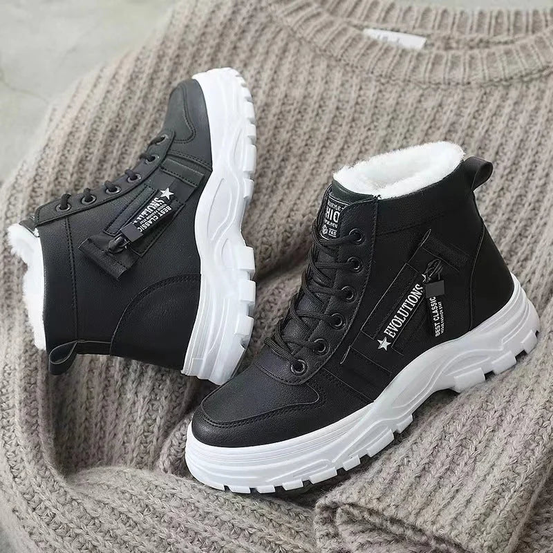 Stylish Rainproof Boots for Women with Faux Fur Lined Lace Up Platform Chunky Sole Style