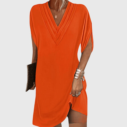 Effortless Mini Dress for Women with V Neck Split Sleeve Tulip Hem Relaxed Flowing Style
