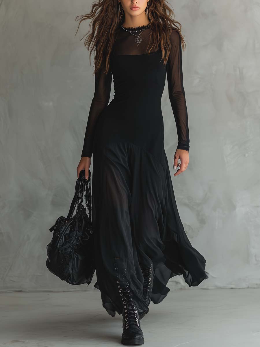 Elegant Black Mesh Maxi Dress for Women with Illusion Neck Long Sleeve Flowing Gothic Style