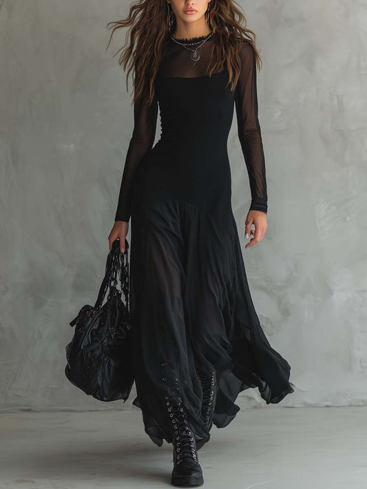 Elegant Black Mesh Maxi Dress for Women with Illusion Neck Long Sleeve Flowing Gothic Style