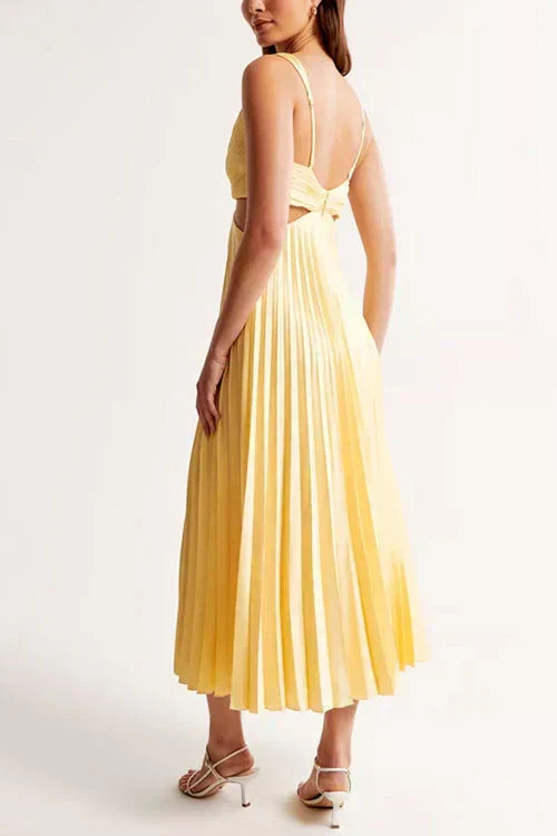 Elegant Pleated Cocktail Dress for Women with V Neck Sleeveless Cutout Waist Flowing Maxi Style