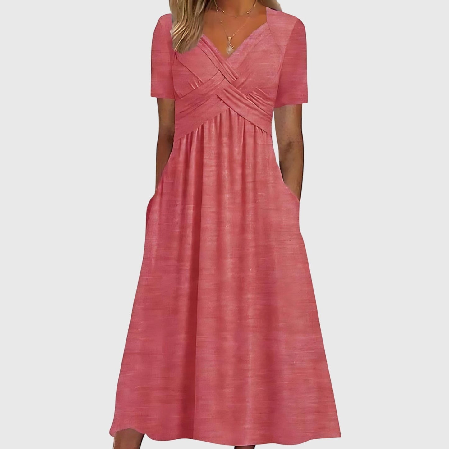 Elegant Wrap Midi Dress for Women with Sweetheart Neck Short Sleeve Crisscross Pleated Flowing Style