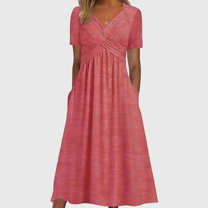 Elegant Wrap Midi Dress for Women with Sweetheart Neck Short Sleeve Crisscross Pleated Flowing Style
