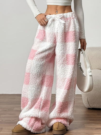 Warm Plaid Plush Sweatpants for Women with Elastic Drawstring Wide Leg Fleece Loungewear Style