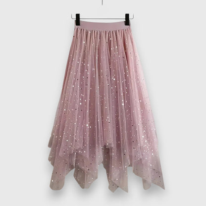 Elegant Star Sequin Tulle Skirt for Women with High Waist Asymmetrical Handkerchief Hem Flowing Style