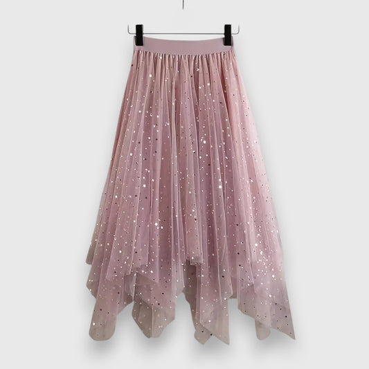 Elegant Star Sequin Tulle Skirt for Women with High Waist Asymmetrical Handkerchief Hem Flowing Style