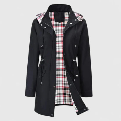 Elegant Red Plaid Lined Rain Jacket for Women with Hooded Long Sleeve Drawstring Waist Relaxed Style