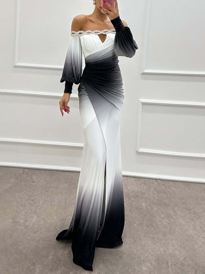 Elegant Black and White Ombre Cocktail Dress for Women with Off Shoulder Long Sleeve Beaded Mermaid Formal Style