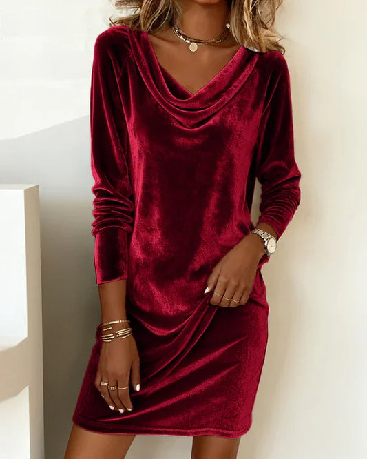 Elegant Velvet Cocktail Dress for Women with Cowl Neck Long Sleeve Bodycon Mini Style