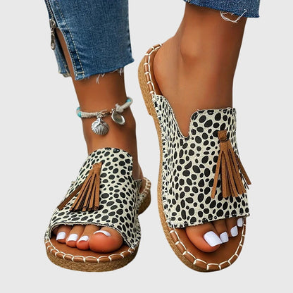 Effortless Tribal Print Toe Ring Sandal for Women with Tassel Flat Boho Style