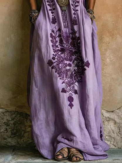 Elegant Purple Embroidered Kaftan Maxi Dress for Women with V Neck Batwing Sleeve Flowing Bohemian Style