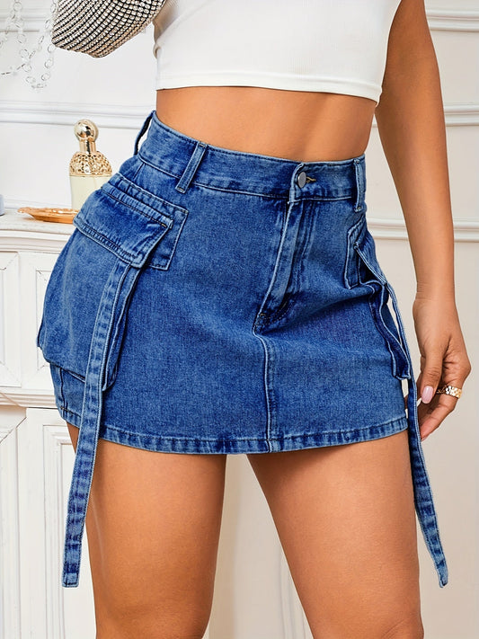 Effortless Royal Blue Denim Cargo Mini Skirt for Women with High Waist Tie Strap Pocket Detail Casual Style