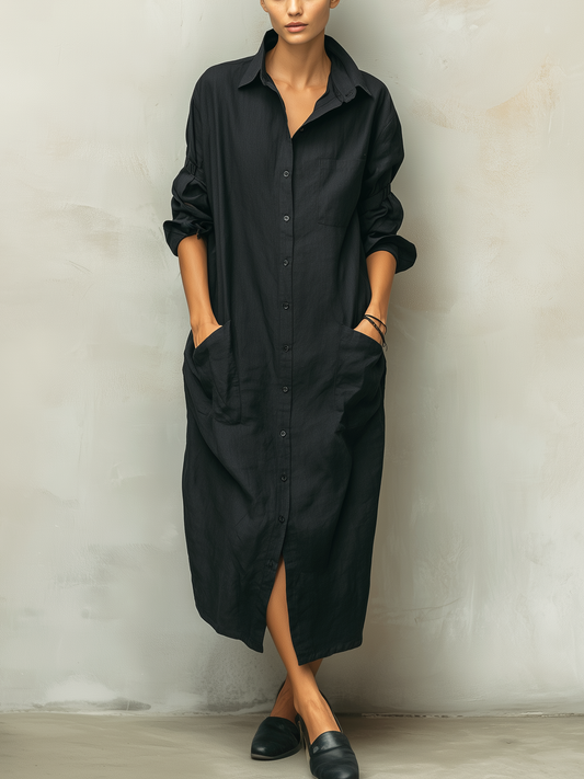 Effortless Black Linen Shirt Dress for Women with Collar Long Sleeve Button Front Oversized Casual Style