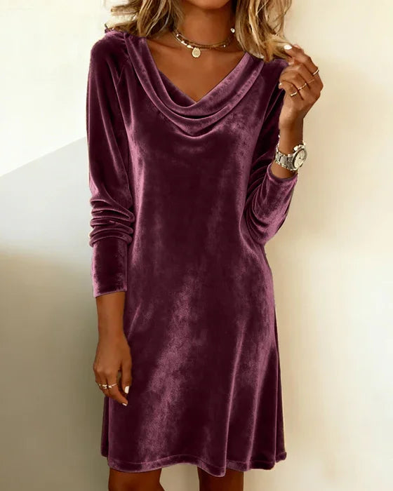 Elegant Velvet Cocktail Dress for Women with Cowl Neck Long Sleeve Bodycon Mini Style