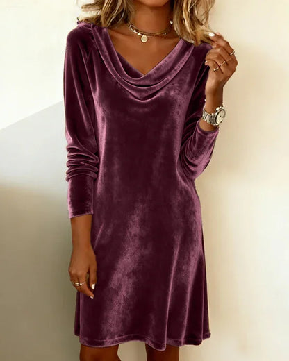 Elegant Velvet Cocktail Dress for Women with Cowl Neck Long Sleeve Bodycon Mini Style