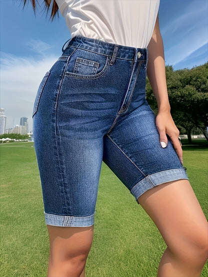 Effortless Blue Denim Bermuda Shorts for Women with High Waist Cuffed Hem Relaxed Style