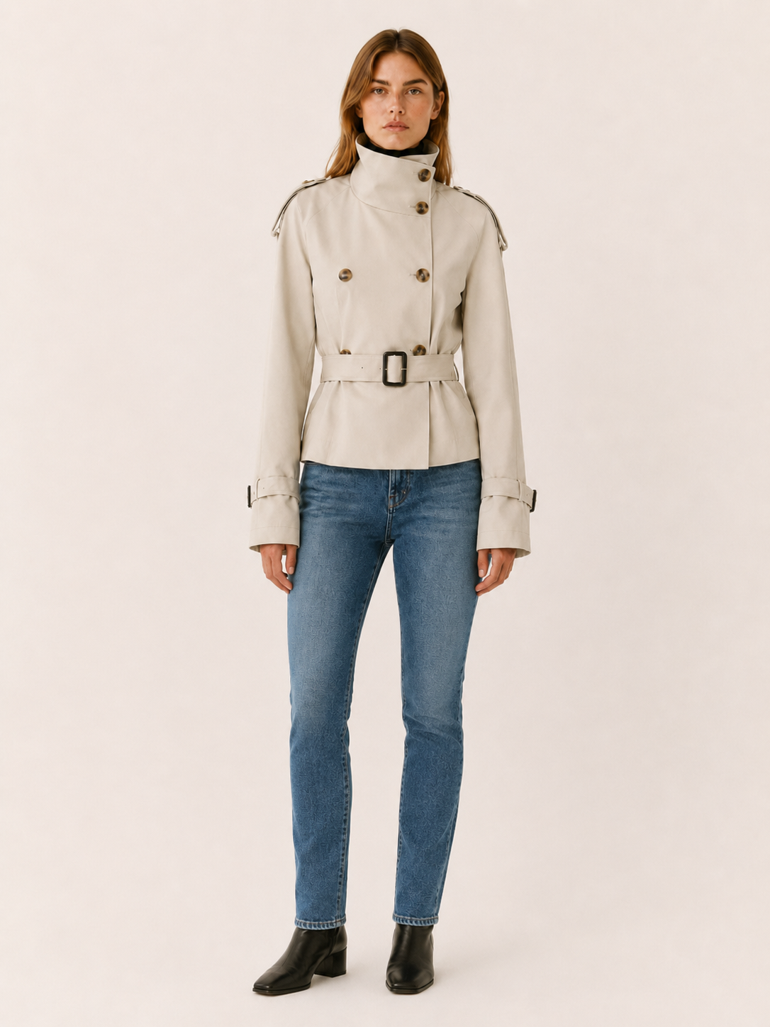 Stylish Short Trench Coat for Women with High Collar Double Breasted Cinched Waist Timeless Style